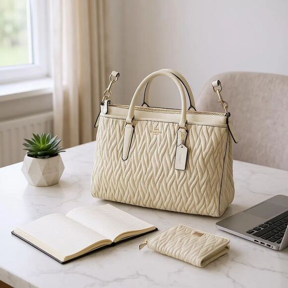Coach Twist Gathered Morgan Satchel Ivory 37083 Matching  Wallet Crossbody Strap - Picture 1 of 16